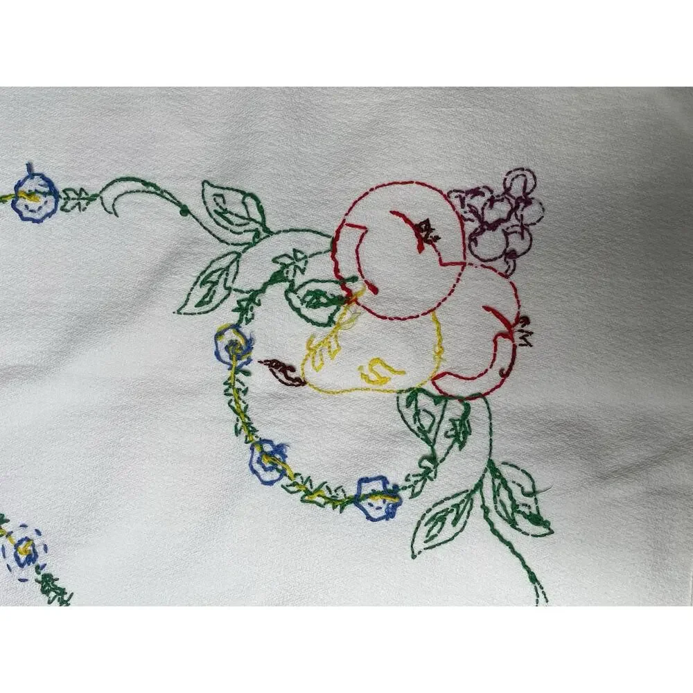 Vintage Hand Embroidered Linen Table Topper 25x25 Lace Fruit Floral cottagecore